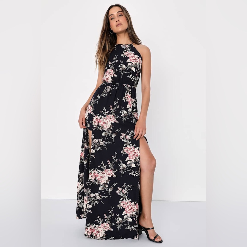 Lulus Midnight Blue Floral Maxi Dress High Slit